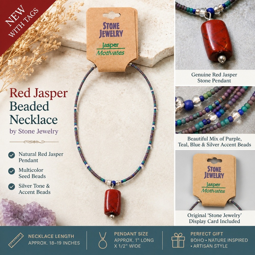 Stone Jewelry Red Jasper Beaded Necklace Multicolor Seed Beads Boho Artisan NEW